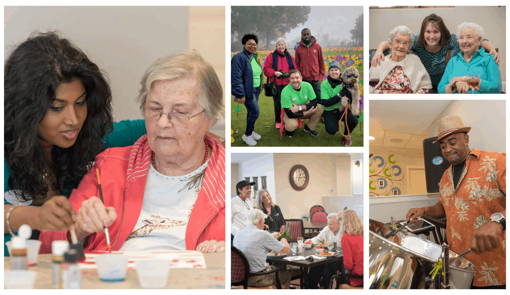 Collage of residents and staff doing arts and crafts, setting up for events, dining, playing steel drum and enjoying life